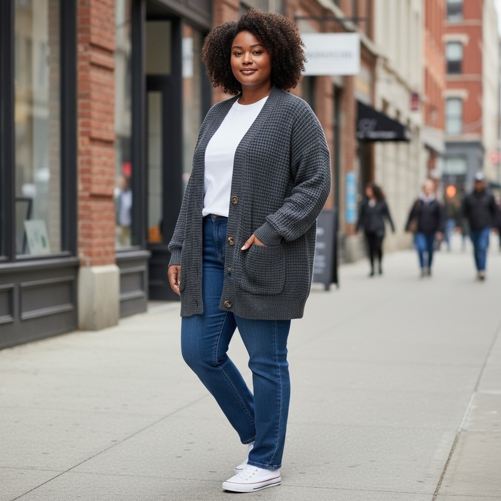 Zenana 1X Cozy Chunky Knit Gray‎ Cardigan Sweater Button Front Pockets Plus Size